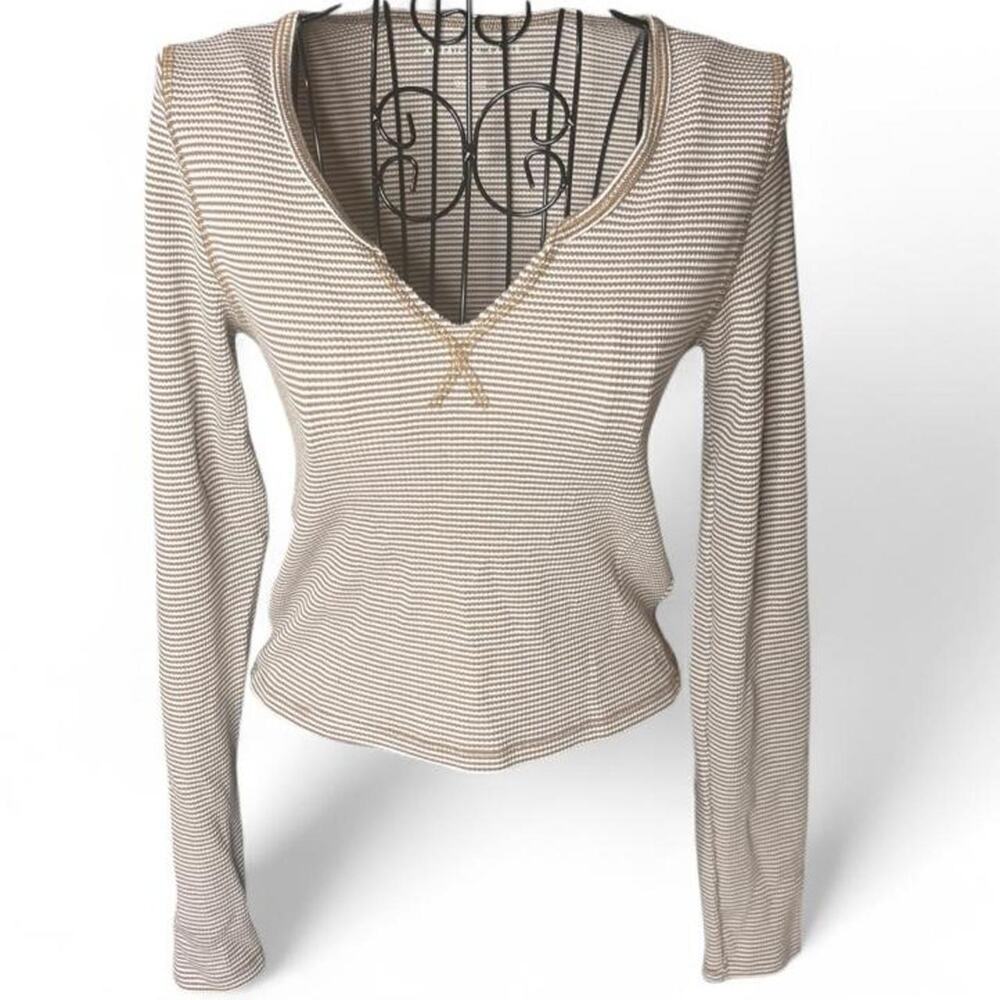 American Eagle Waffle Knit Striped V-Neck Long Sleeve Shirt Small